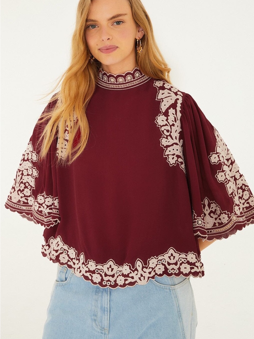 Farm Rio Palm Tree Embroidered Top Red White Size XL Boho Statement Blouse